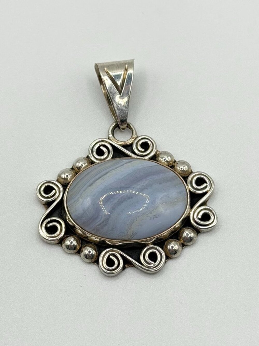 Blue Agate 925 Sterling Silver Pendant With Ornate Design CII Mexico